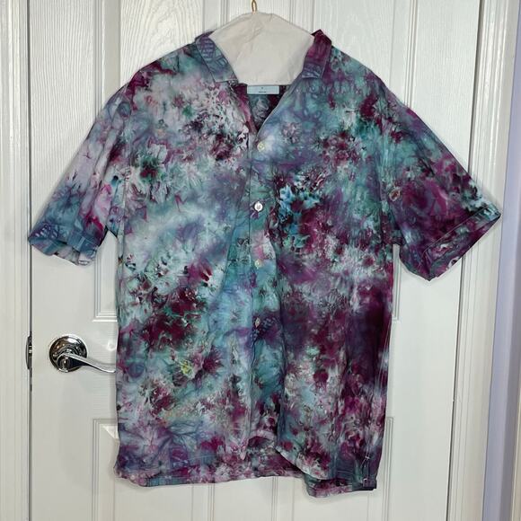 handmade tie dyed men's short sleeve camp shirt blue purple star sunburst - Picture 3 of 10